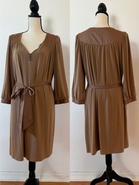 BCBG Paris Taupe Brown Belted Long Sleeve V-Neck Dress